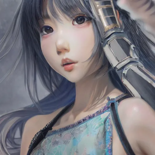 Image similar to dynamic composition, motion, ultra-detailed, incredibly detailed, a lot of details, amazing fine details and brush strokes, colorful and grayish palette, smooth, HD semirealistic anime CG concept art digital painting, watercolor oil painting of a young C-Pop idol girl, by a Chinese artist at ArtStation, by Huang Guangjian, Fenghua Zhong, Ruan Jia, Xin Jin and Wei Chang. Realistic artwork of a Chinese videogame, gradients, gentle an harmonic grayish colors.