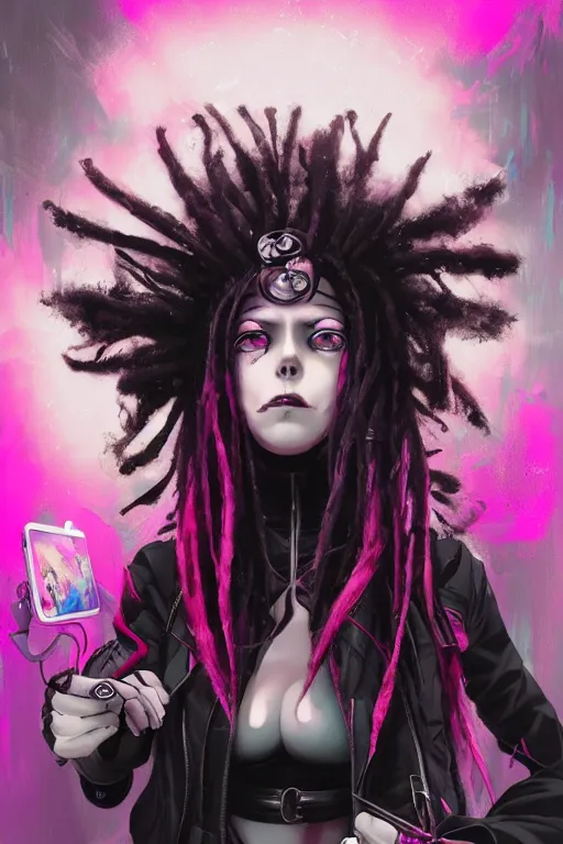 Image similar to portrait of an cybergoth girl with pink and black dreads laying on the floor of her room on ipad, manga, manga art, manga character concept art, artgerm, tom bagshaw, gerald brom, vaporwave colors, lo fi colors, vaporwave, lo fi, 4 k, hd, smooth,