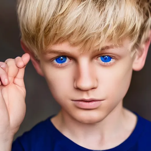 Image similar to portrait of a boy with his hand on his face, extremely realistic and real, photorealistic, blonde hair and blue eyes, detailed facial structure, real eyes that are detailed, real hands