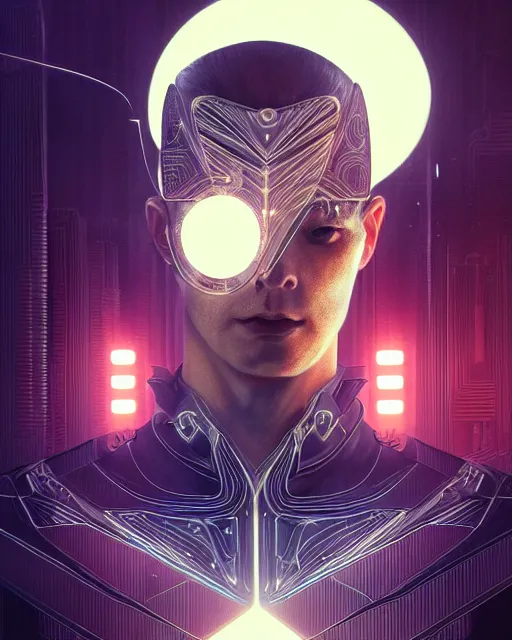 Prompt: symmetry!! centered, head on portrait of a man with futuristic minimalist face tattoos, sci - fi -, cyberpunk, blade runner, glowing lights, tech, biotech, techwear!! intricate, elegant, highly detailed, digital painting, artstation, concept art, smooth, sharp focus, illustration, art by artgerm and greg rutkowski and alphonse mucha