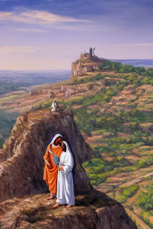 Image similar to selfie from a mobile phone of jesus and mary magdalene standing on a cliff looking over a beautiful landscape in france, languedoc, award winning photo, very detailed, very realistic