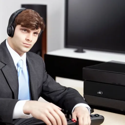 Prompt: a man in a business suit playing video games on his xbox 360 | the man is looking at the tv | Xbox 360 controller |