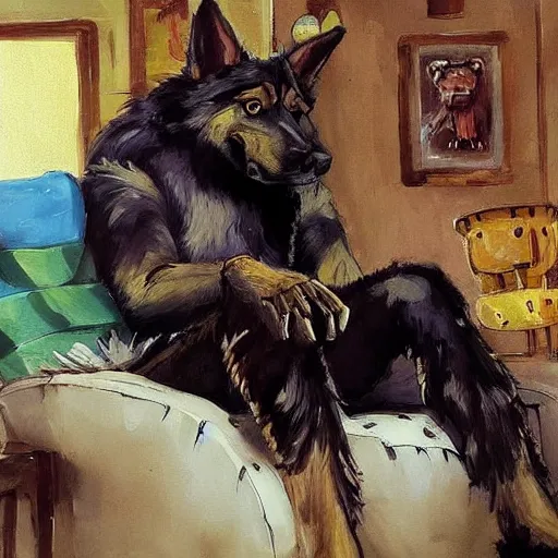 Image similar to a humanoid german shepherd beast - man, sitting and watching a soccer match in his house on television, he has hurt his knee and is a dad, by erin hanson, alexi zaitsev, karl spitzweg, award winning, tv set