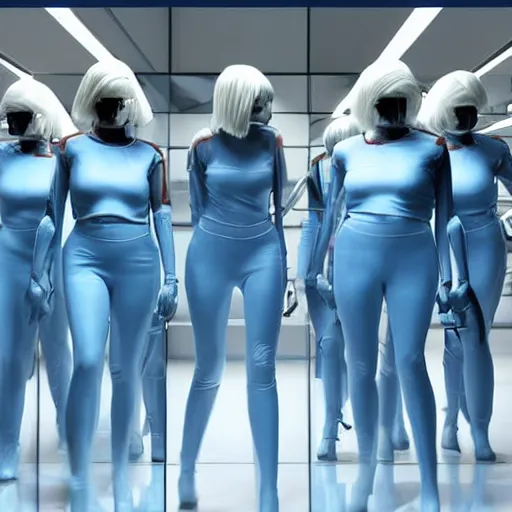 Image similar to troop ofcloned women with white bob hairdos, tight light blue neopren suits, futuristic production facility, sci - fi, highly detailed, cinematic