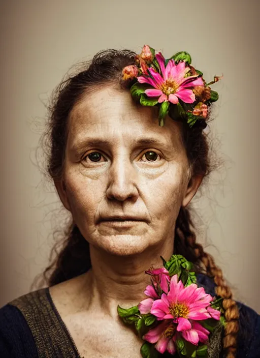 Prompt: portrait of a 4 0 0 year old woman, symmetrical face, flowers in her hair, she has the beautiful calm face of her mother, slightly smiling, ambient light