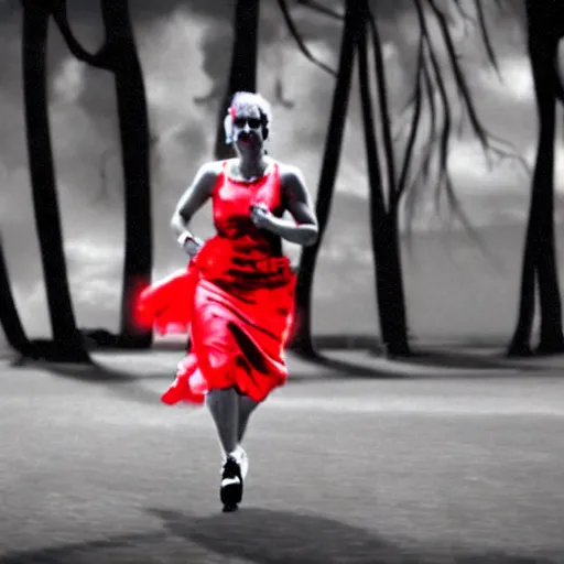 Prompt: A woman running, still from Sin City, red colour highlights