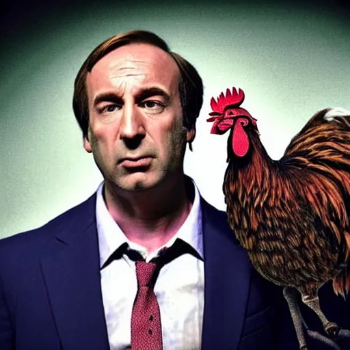 Image similar to saul goodman and a rooster in a medieval torture chamber, saw blades and knives in the background, horror movie, saul goodman!!!!!, rooster!!!!, real life photo, detailed face