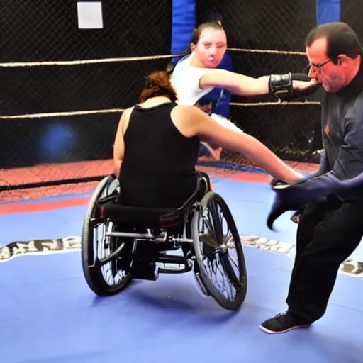 Prompt: François Hollande fighting a teen girl in a wheelchair in a MMA cage fight