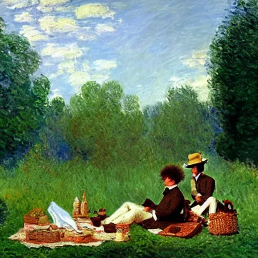 Image similar to napoleon and bob ross having picnic by monet