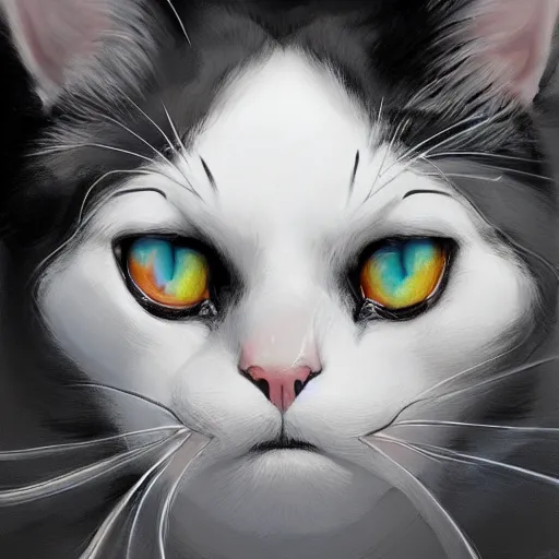 Prompt: black and white cat, with a black spot under the mouth, by Stanley Artgerm Lau, WLOP, Rossdraws, James Jean, Andrei Riabovitchev, Marc Simonetti, Yoshitaka Amano, ArtStation, CGSociety,