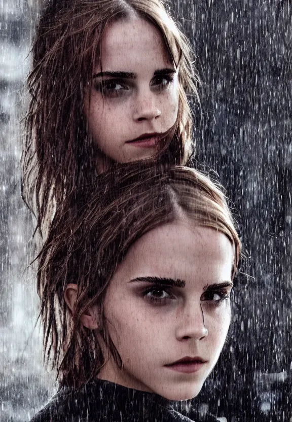 Image similar to emma watson posing in dunwall city, beautiful face, detailed face, realistic eyes, cinematic lighting, rainy weather, melancholy atmosphere, volumetric light, gothic architecture, realistic reflections, model agency, instagram photo, depression atmosphere, shot on sony a 7, beauty filter, postprocessing