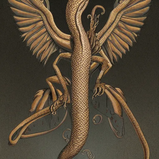 Image similar to an amalgamation of a snake, lizard, and humanoid with one angelic wing and one demonic wing with it's arms crossed in a dungeon