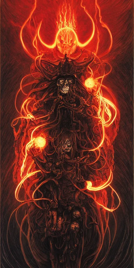 Image similar to intense glowing black metal pagan god with tentacles and intense glowing white eyes with a skull on fire in very dark void by artgerm and beksinski and alphonse mucha, portrait, fantasy, clear, fire, light beams, lens flare, intense, uhd, amazing depth, cinematic lighting, black smoke and red and intense orange and yellow sparks