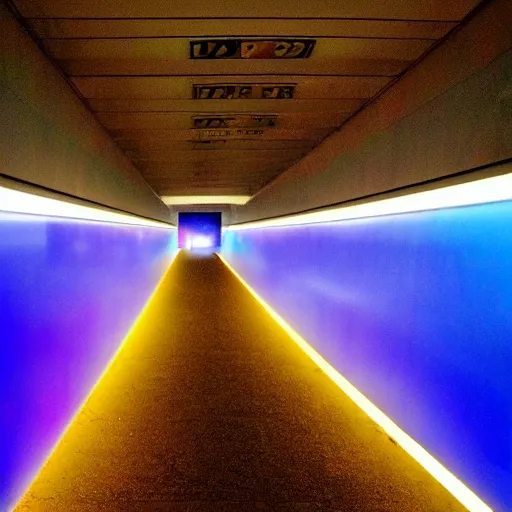 Image similar to a colour Polaroid photo of an illuminated escalator with iridescent Perspex panels in a field, nostalgic