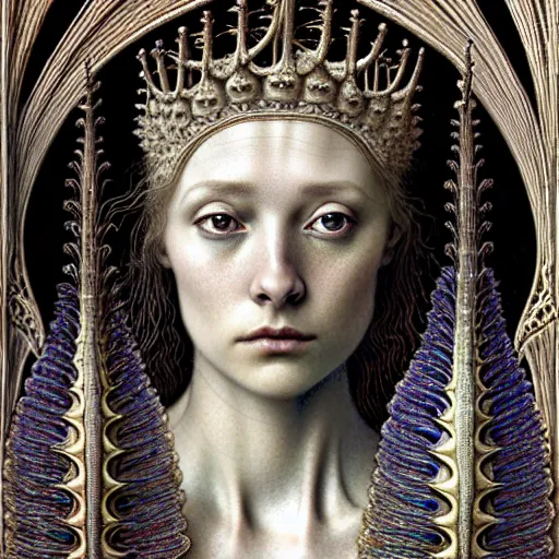 Prompt: detailed realistic beautiful young medieval queen face portrait by jean delville, gustave dore, iris van herpen and marco mazzoni, art forms of nature by ernst haeckel, art nouveau, symbolist, visionary, gothic, neo - gothic, pre - raphaelite, fractal lace, intricate alien botanicals, ai biodiversity, intricate hyper detailed ultra sharp octane render