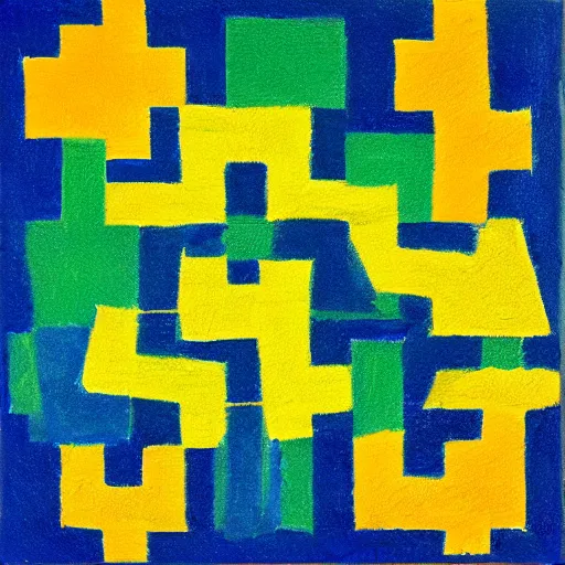 Image similar to painting, four rectangle and one triangle shapes, in blue, in yellow, in green, divided by black lines