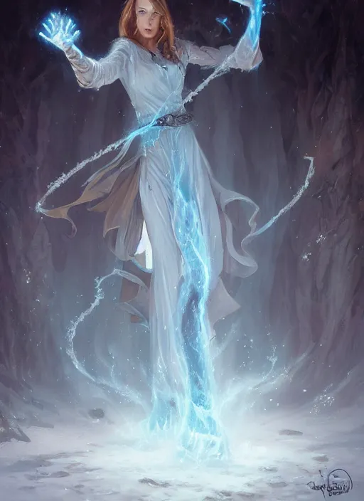 Prompt: a mage casting a frost spell by charlie bowater and john howe and vladimir volegov