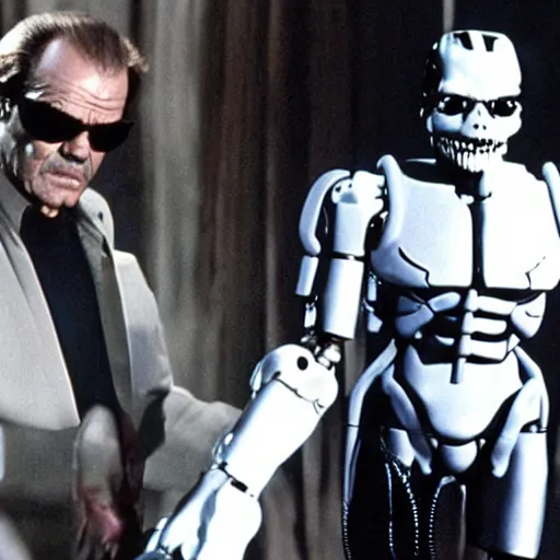 Image similar to Jack Nicholson plays Terminator, film scene where his endoskeleton gets exposed