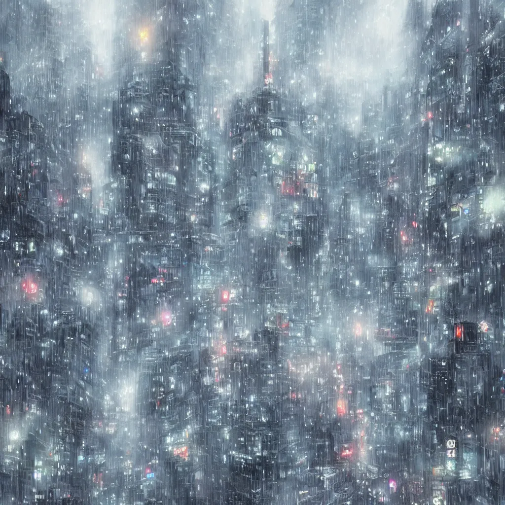 Prompt: beautiful raining anime cityscape, tall buildings and grey fog, trending on pixiv