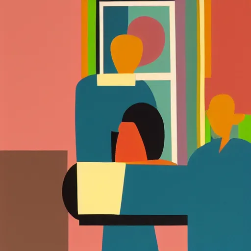 Prompt: A painting of 3 people in a room, abstract painting in the style of Sophie Taeuber-Arp and Gary Hume and Tatsuro Kiuchi, flat colour-block style, geometric abstraction, earthy light pastel colours