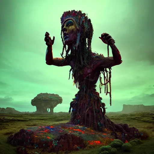 Prompt: ancient giant dead god being made of opal in desolate and lush landscape, moody, :: by Jeff Koons, Dan McPharlin Daniel Merrian :: ornate, dynamic, particulate, rich colors, intricate, elegant, highly detailed, centered, artstation, smooth, sharp focus, octane render, 3d