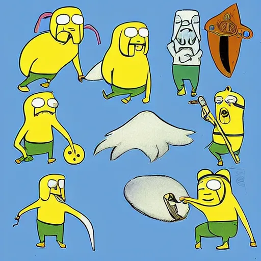 Image similar to “adventure time character design concepts, Finn, jake, Fern, swords, epic concept art, by frank frazetta”