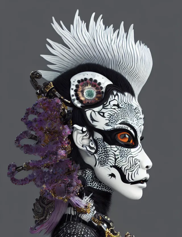 Image similar to 3 d goddess close - up profile simple portrait punk with mohawk with tiger skull. beautiful intricately detailed japanese crow kitsune mask and clasical japanese kimono. betta fish, jellyfish phoenix, bio luminescent, plasma, ice, water, wind, creature, artwork by tooth wu and wlop and beeple and greg rutkowski