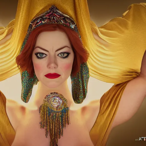 Image similar to a photorealistic portrait of actress emma stone dressed as a belly dancer, arabian night, volumetric lightening, octane render, high quality, fully detailed, 4 k, in focus sharp face with fine details, her hands by albrecht durer, inspired by belly dancer on youtube, alphonse mucha, masterpiece, stunning