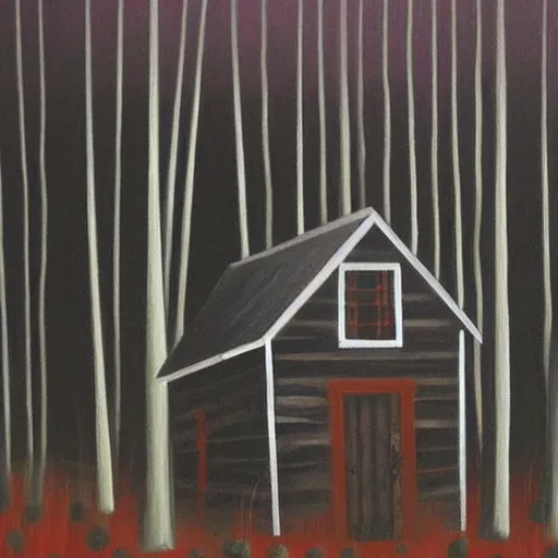 Image similar to a painting of a Eerie cabin in the middle of the woods in the style of minimalism