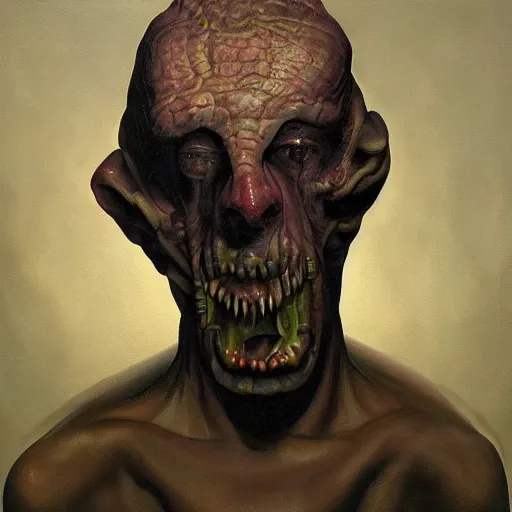 Image similar to oil painting by christian rex van minnen of a portrait of an extremely bizarre disturbing mutated man with intense chiaroscuro lighting perfect composition