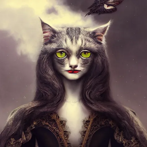 Prompt: picture generation, soft painting curiosities carnival, beautiful cat head hybrid in full long dress, accurate features, focus, very intricate ultrafine details, black white purple volumetric clouds, award winning masterpiece, octane render 8 k hd, tom bagshaw artstyle