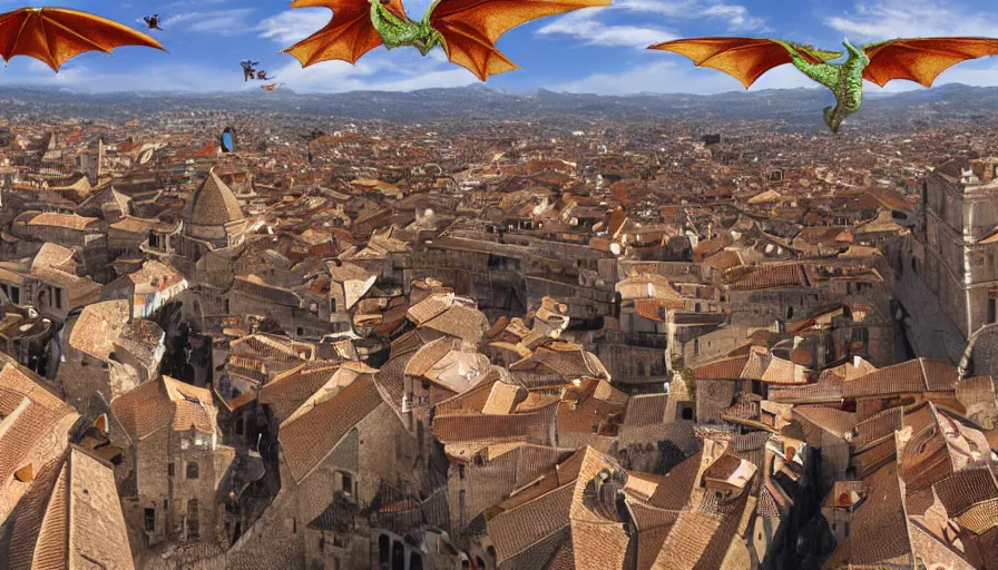 Prompt: the monumental city of caceres with dragons flying over it, digital art, trending on artstation