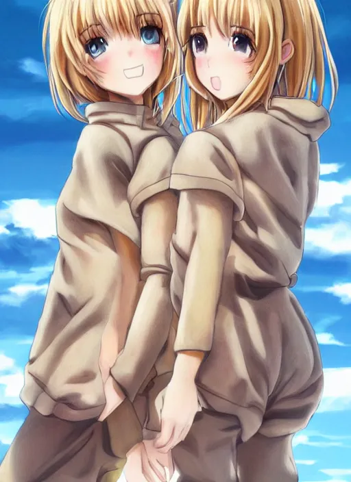 Image similar to highly detailed art of one blonde and one brown haired anime girl in onesies pressed against each other looking at us, detailed eyes, happy, excited, digital art, cute, anime, detailed faces, well drawn faces, cute faces, 8 k, trending on artstation, official media