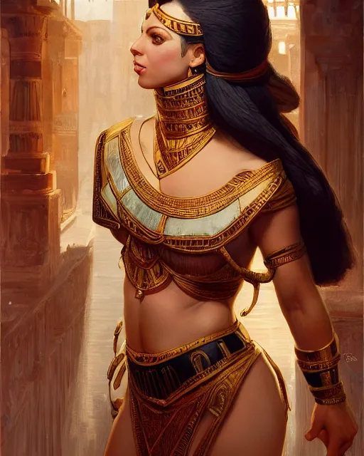 Image similar to Gianna Michaels as a beautiful egyptian princess, gorgeous, portrait, Symmetrical, powerful, intricate, beautiful, masterpiece, elegant, volumetric lighting, highly detailed, artstation, sharp focus, no cropping, illustration, Jean-Leon Gerome , ruan jia