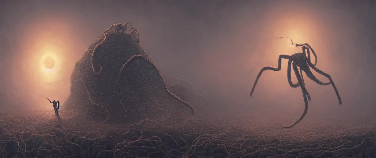 Prompt: giant spider versus snake, beautiful dramatic moody lighting, cinematic atmosphere, by Jean Giraud, Alex Grey, Zdzislaw Beksiński, Dan Mumford, Patiphan Sottiwilaiphong, Yintion J - Jiang Geping