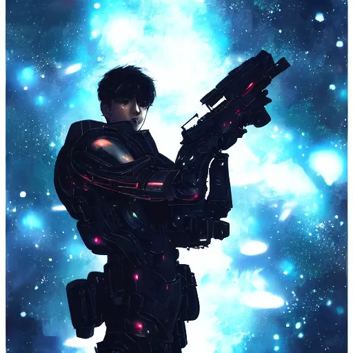 Image similar to bokeh, beautiful detail, stars in the sky, cybernetic, sci-fi space game art, jeon Jungkook holding a gun. alien planet art by Akihito Yoshitomi AND Yoji Shinkawa AND Greg Rutkowski, Mark Arian trending on artstation