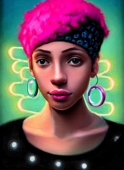 Image similar to portrait of teenage vanessa morgan with bright pink hair, black girl, curly pixie cut hair, wearing newsboy cap, pink short haircut, newsboy cap, hoop earrings, blue eyes, intricate, elegant, glowing lights, highly detailed, digital painting, artstation, concept art, smooth, sharp focus, illustration, art by wlop, mars ravelo and greg rutkowski