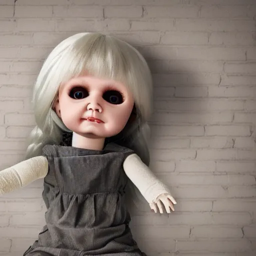 Image similar to creepy doll sitting on shelf, staring at camera, 8 k, photorealistic, dark