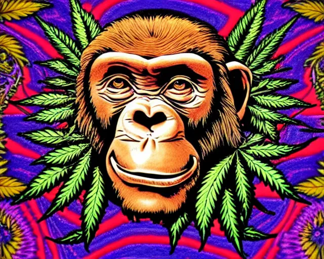 Image similar to psychedelic ornamental baroque bored ape wearing marijuana bandana, opensea