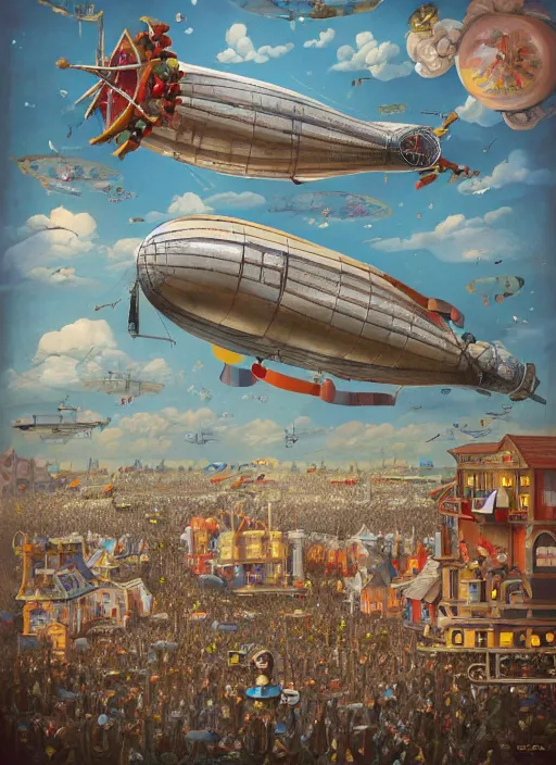 Image similar to wide - angle portrait of tin toy airship parade, depth of field, zeiss lens, detailed, symmetrical, centered, fashion photoshoot, by nicoletta ceccoli, mark ryden, lostfish, earl nore, hyung tae, frank frazetta, breathtaking, 8 k resolution, extremely detailed, beautiful, establishing shot, artistic, hyperrealistic, octane render