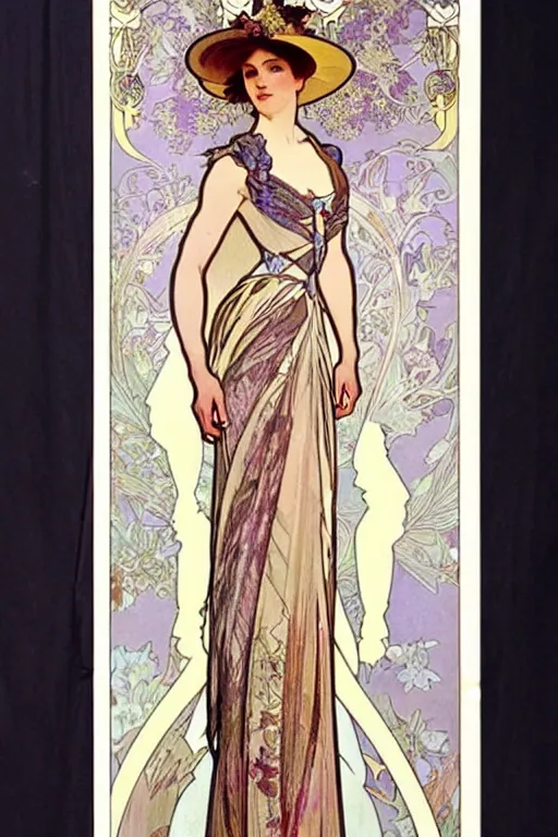 Image similar to 4 elegant full length dress designs with natural history prints designed by alphonso mucha