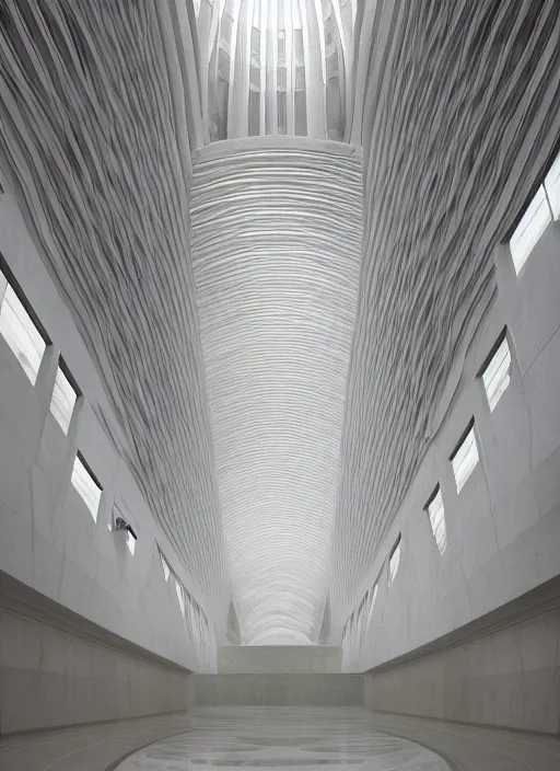 Image similar to white marble interior photograph, architecture carved, shiny, volumetric light, beautiful, smooth, expansive, by louis kahn and moshe safdie