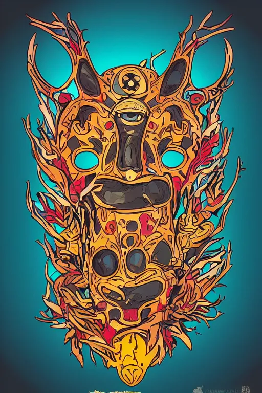 Image similar to animal mask totem roots flower tribal feather gemstone plant wood rock shaman vodoo video game vector cutout illustration vivid multicolor borderlands comics by josan gonzales and dan mumford radiating a glowing aura