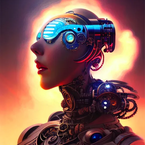 Image similar to the sage, whirwind of fire, tiara, robotic, android, cyborg, cyberpunk face, steampunk, by loish, d & d, fantasy, intricate, elegant, highly detailed, colorful, vivid color, digital painting, artstation, concept art, art by artgerm and greg rutkowski and ruan jia