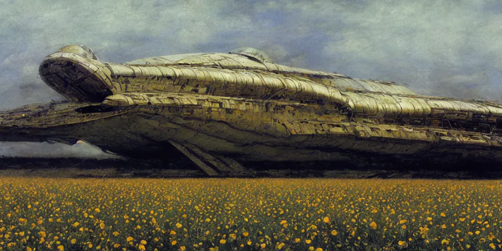 Image similar to Fernand Khnopff super technologies white giant spaceship starship battlestar airship superstructure deck, landed laying in center on tansy wormwood field, mountains afar by Fernand Khnopff by john berkey, oil painting, concept art, interstellar movie