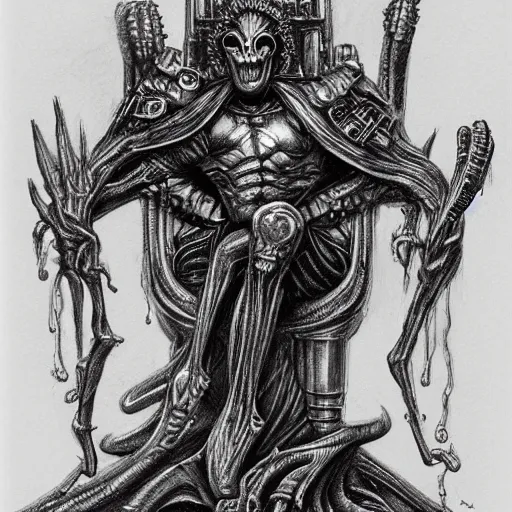 Image similar to pencil illustration. the god emperor on his golden throne. 4 0 k. body horror. in the style of giger.