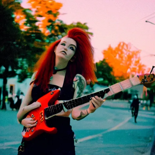 Prompt: high quality photo of a redhead punk girl playing electric guitar at dusk, Agfa Vista 800 film, Leica M9