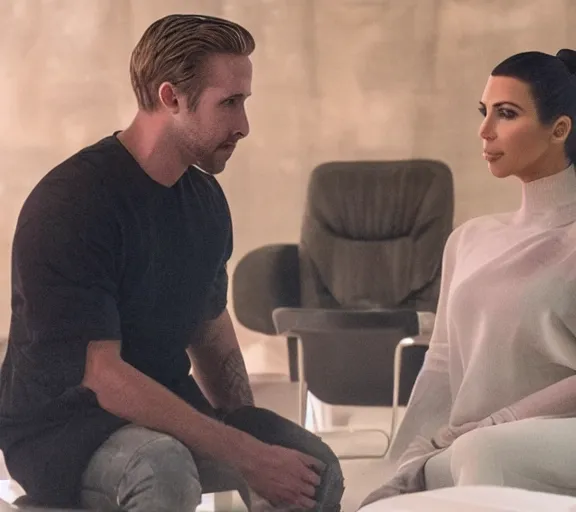 Image similar to a movie still of kim kardashian sitting with ryan gosling in the movie blade runner 2 0 4 9