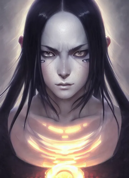 Image similar to portrait of pain from naruto, dark, intricate, elegant, highly detailed, digital painting, artstation, concept art, smooth, sharp focus, illustration, art by artgerm and greg rutkowski and alphonse mucha