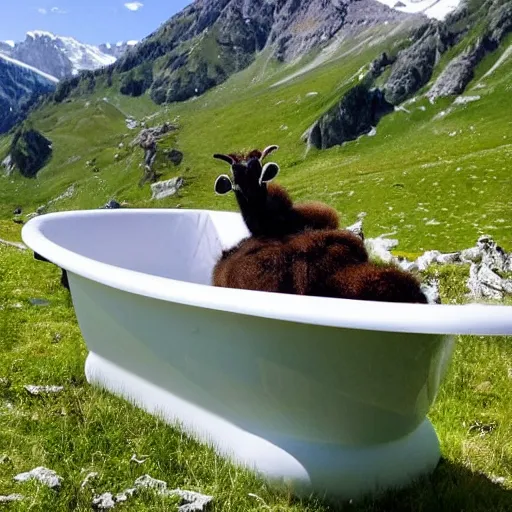 Prompt: dragonfly in a bathtub in the alps, goats!!!!!!!! goat!! sheep!!! in background